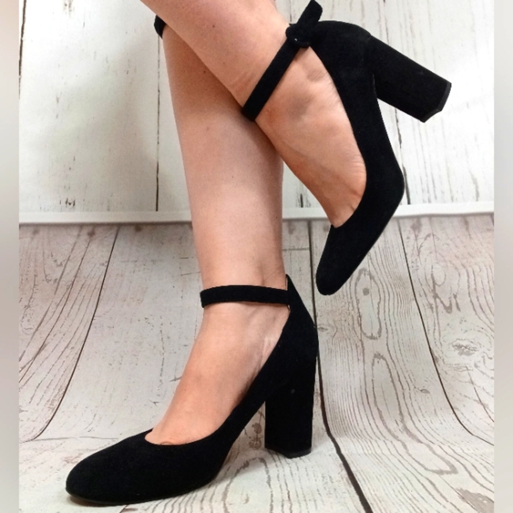Marc Fisher Mfion Womens Shoes Black Suede Strap Pumps Block Heels